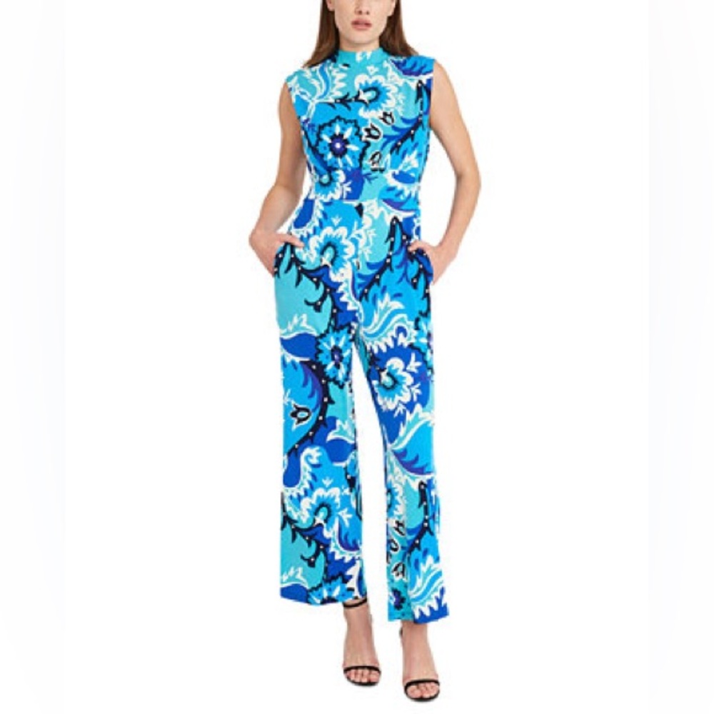 Donna Morgan NWT Blue Mock Neck Tie Back Jumpsuit